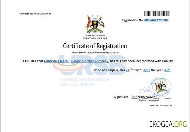 Modèle Word et PDF de certificat d'enregistrement de société en Ouganda